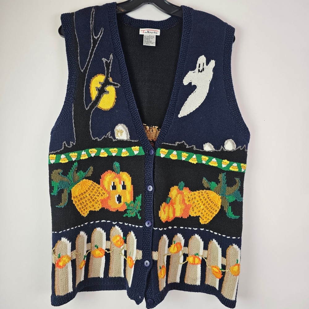 Talbots Vintage Halloween Sweater Vest Navy Ghost Pumpkin Candy Corn Womens M